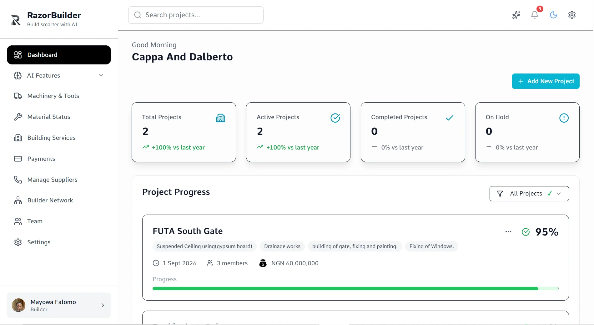 Project dashboard showing organized construction quantities and BOQ